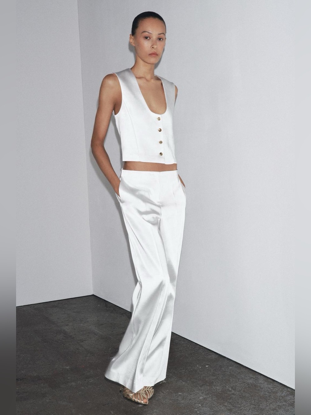 NWT. Zara ZW Collection White Satin Effect Vest/Top. Size M.